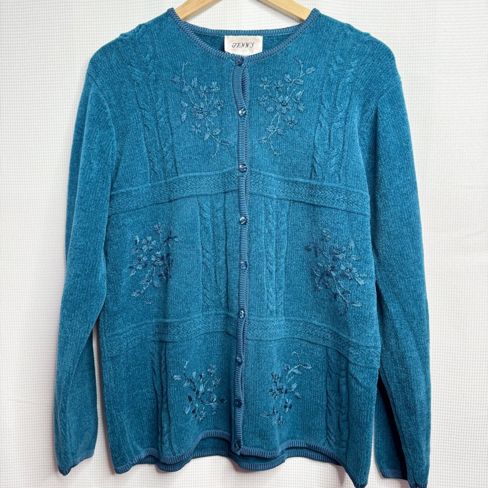 Vintage Women's Teal Blue Embroidered Beaded Cardigan Sweater Floral Grannycore